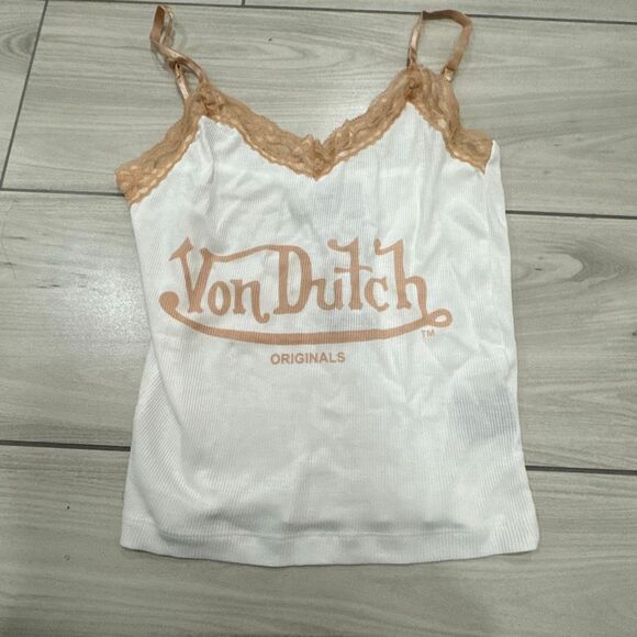 NWT Von Dutch pajama set size medium   Peach cream gingham plaid with lace top a - Picture 4 of 9